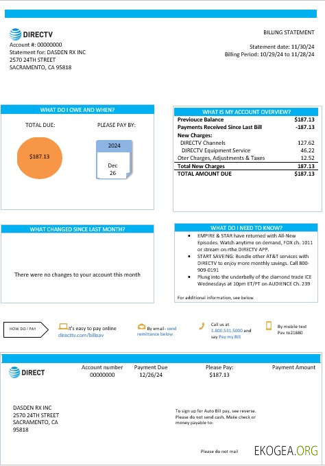 Modèle de facture de services publics USA California Directv aux formats Word et PDF, bon pour prouver l'adresse